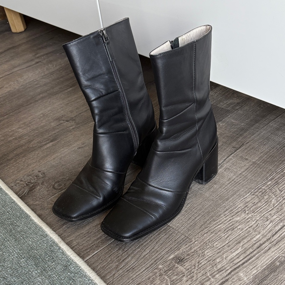 Intentionally Blank Square Toe Black Leather Ankle Boots